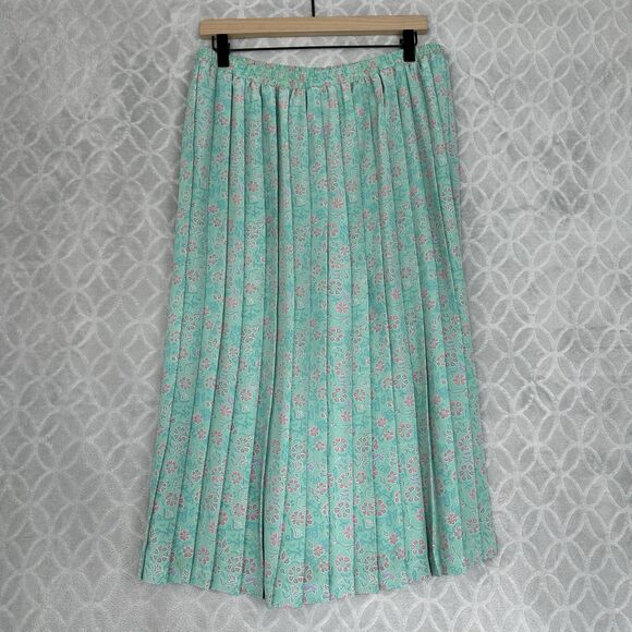 Vtg Pleated Midi Skirt 14 Green Pink Floral Fairy Feminine Spring Easter 90s Y2K - Picture 4 of 9